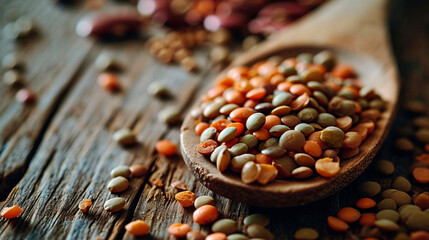 lentils on a wooden spoon in close-up on a beautiful background. The concept of a grocery store.