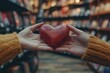 Close-up of hands exchanging heart-shaped bookmarks in a bookstore