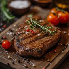 Wall Mural - Grilled beef steak with rosemary and spices on a wooden board