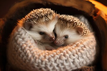 Hedgehogs snuggling together in a cozy nest.