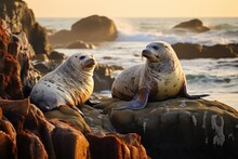 Seals Basking On A Rocky Shoreline.