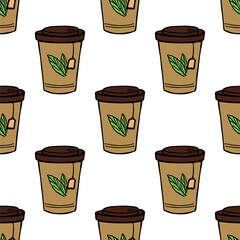 Wall Mural - Seamless pattern with cute cup of tea or coffee doodle for decorative print, wrapping paper, greeting cards, wallpaper and fabric