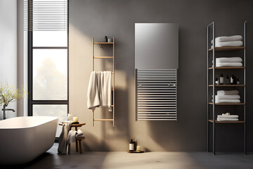 Wall Mural - A bathroom with a sleek wall-mounted electric towel warmer