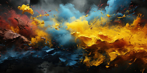 Wall Mural - Abstract background of blue and yellow colors, the flag of Ukraine, in the form of a splash, smoke, splashes of paint