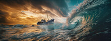 Trawler Ship In Front Of A Tsunami Wave, Generated Image