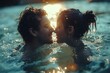 Couple participating in a synchronized swimming routine with heart-shaped formations