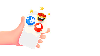 Poster - Man holding smartphone with emojis. 3d banner with copy space