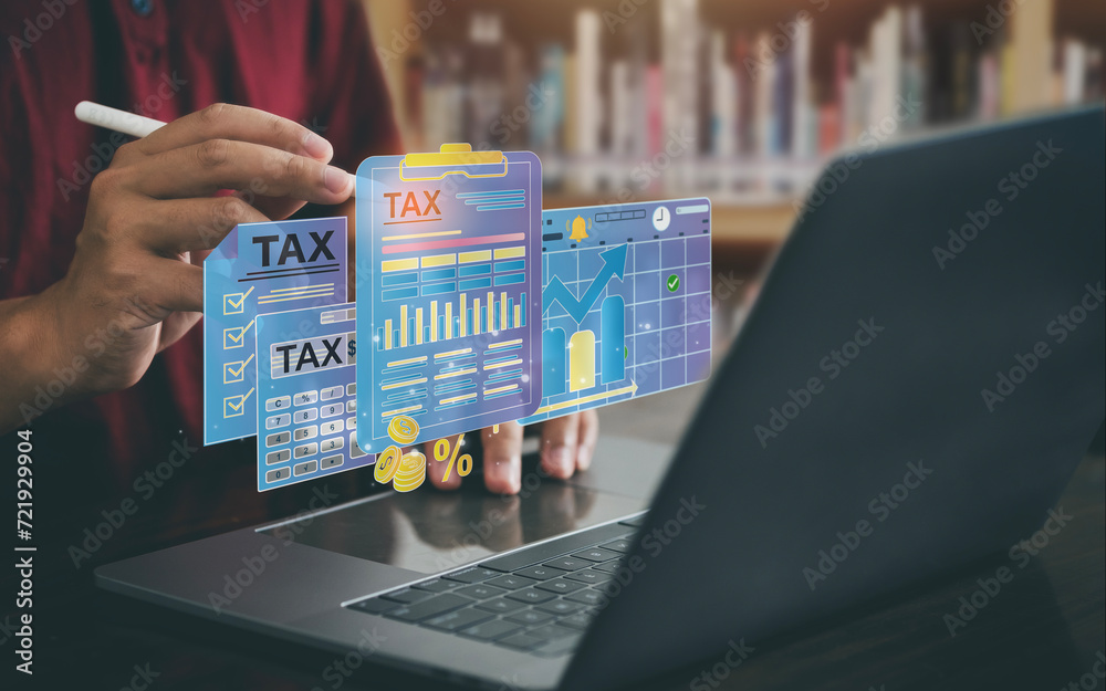 Tax Computer Tax concept. Person using computer to fill out personal income tax ...