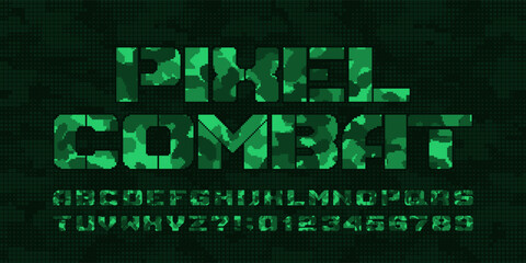Poster - Pixel Combat alphabet font. Stencil pixel letters and numbers. 80s arcade video game typeface.