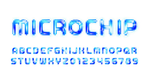 Poster - Microchip alphabet font. Digital pixel letters and numbers. 80s retro arcade video game typeface.