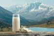 Rustic milk and glass on mountain table, wholesome dairy goodness