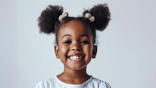 Portrait Black Little Girl, Joyful Childs Beaming Smile, Playful Hair Puffballs, Portrait Of Happiness, Childrens Apparel And Lifestyle Concept