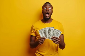 Wall Mural - Winner! Young rich African American man in casual t-shirt holding money dollar bills with surprise isolated over yellow wall.