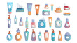 Set of various creams and shampoos for face and body in packages of different shapes, icons and illustrations in a flat cartoon style, Skin care, collection of beauty items, bottles, containers, jars.
