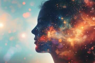 cosmic silhouette of a woman's profile against a star-filled sky, a concept of imagination and dream