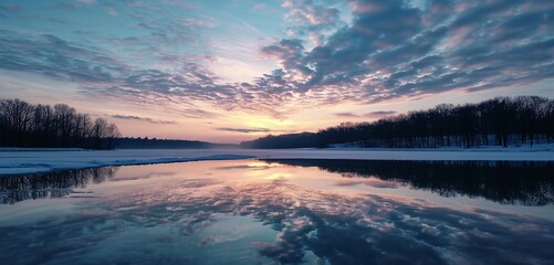 Wall Mural - A crisp winter morning with a pastel-colored sky, delicate pink and blue winter clouds reflecting on a frozen lake.