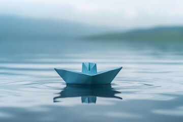 Aufkleber - A peaceful paper boat glides across the shimmering water, its delicate origami form reflecting the endless expanse of sky and clouds above