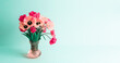 Big flowers bouquet of pink tulips in vintage glass vase on green background. Copy space. Business card. Invitation postcard. International women's day holiday card. Banner with greeting text place
