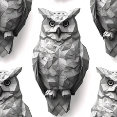 Wall Mural - Owls line art origami repeat pattern, black and white monochrome