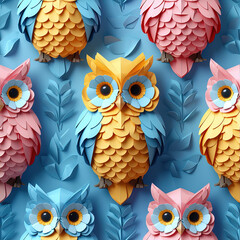 Wall Mural - Owls line art origami colorful repeat pattern