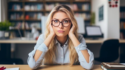 Wall Mural - An impressive young blonde female teacher is sitting at a desk with school supplies in a classroom and displaying a mini blackboard while looking at it.