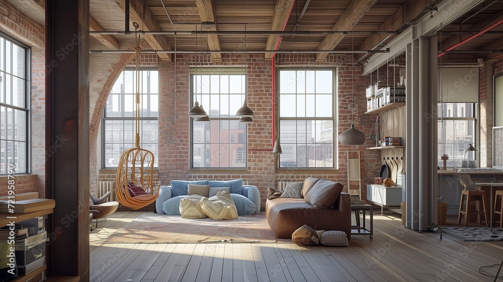 Rustic Industrial Loft brick walls and salvaged wooden beams infuse raw ...