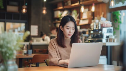 Young Asian woman using laptop working at a coffee shop