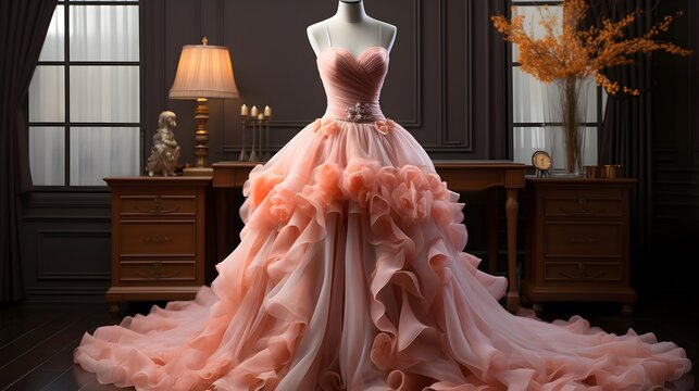 A luxurious pink peach gown with ruffles and a jeweled waistband on a mannequin in an elegant room setting.