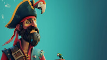 A Fearless Pirate Posing With A Colorful Parrot Against A Vibrant Teal Backdrop.