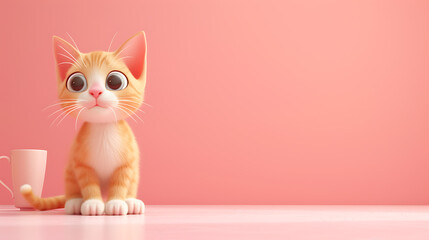 Wall Mural - A vibrant and playful 3D cartoon cat, bursting with energy, placed against a soothing soft pink background.