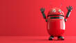 A cute and happy 3D cartoon robot with a blue body and big expressive eyes, standing on a clean red background.