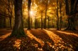 A lush, secluded forest bathed in golden sunlight, with a carpet of fallen leaves covering the ground