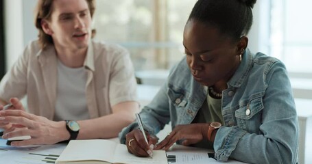 Aufkleber - Writing, students and meeting for planning, university and share ideas with brainstorming and creativity. College, people or friends with deadline and schedule with conversation, project or notebook