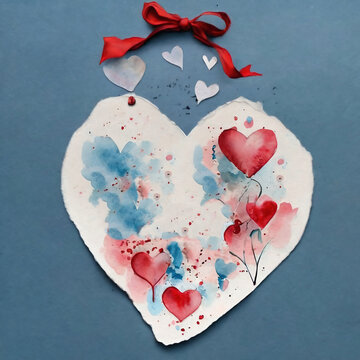 Happy Valentine`s Day card, watercolor-style, red elegant and heart shapes on blue paper background. Copy space for  your text and picture pastel design, love, banner