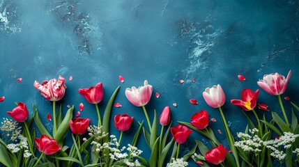 Wall Mural - flowers and green leaves on a blue background