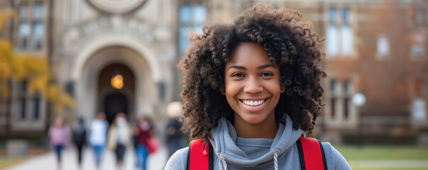 Wall Mural - Happy African American female student in front of university building