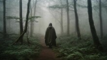 Mysterious Scary Figure With A Dark Hood Walking In The Woods