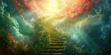Fototapeta  - A mystical depiction of a celestial staircase ascending towards a radiant, divine light amidst ethereal clouds and a spectrum of cosmic colors.
