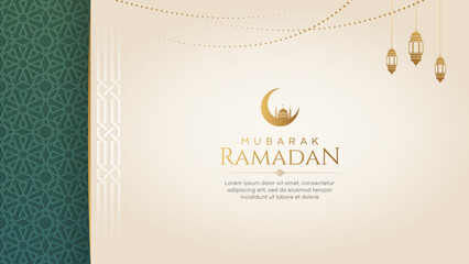 Wall Mural - Ramadan Kareem Eid Mubarak Greeting Card Background Design Template with Place for Text