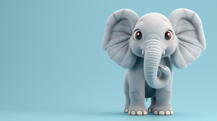 Wall Mural - A charming 3D cartoon elephant with a kind expression, portrayed as friendly and large, set against a serene pale blue background.