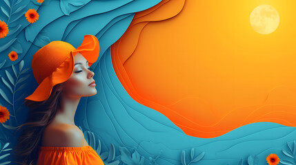 Wall Mural - Beautiful girl in orange dress and orange hat on blue background. Summer fashion concept.