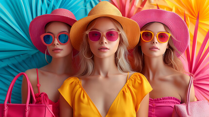 Wall Mural - Three beautiful girls in hats and sunglasses on a colorful background. Summer fashion banner.