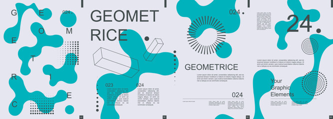 Aufkleber - Geometric modern banner with trendy minimalist typography design. Poster templates with abstract dynamic liquid shapes, graphic line cubes, circle dots grids and text elements. Vector illustration.