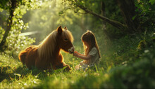 A Little Girl In A Grassy Forest Petting A Shetland Pony