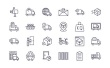 Editable Outline Icons Set. Thin Line Icons From Delivery And Logistic Collection. Linear Icons Such As Postbox, Shipping, Delivery Box, Delivery Schedule, Bar Code, Freight