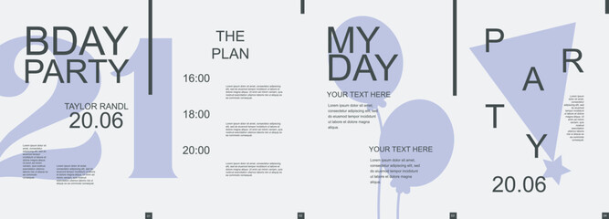 Aufkleber - Birthday modern banner with trendy minimalist typography design. Poster templates with plan, numbers, balloons and festive hat and text elements on dark backdrop for invitation. Vector illustration.