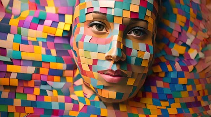 Poster - A visually striking image featuring a womans face formed by a captivating arrangement of colorful squares