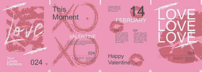 Wall Mural - Valentine day modern banner with trendy minimalist typography design. Poster templates with female lips kiss print, love and abstract geometric shapes and text elements on pink. Vector illustration.