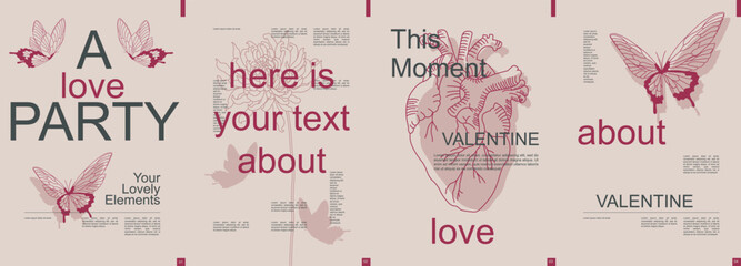 Aufkleber - Valentine day modern banner with trendy minimalist typography design. Poster templates with graphic flying butterflies, dahlia flowers, anatomical heart symbol and text elements. Vector illustration.