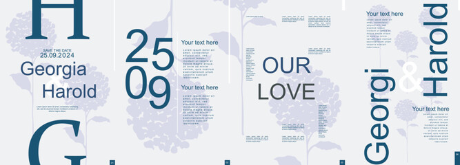 Aufkleber - Wedding modern banner with trendy minimalist typography design. Poster templates with elegant hydrangea flower with leaves silhouettes and text elements for ceremony invitation. Vector illustration.
